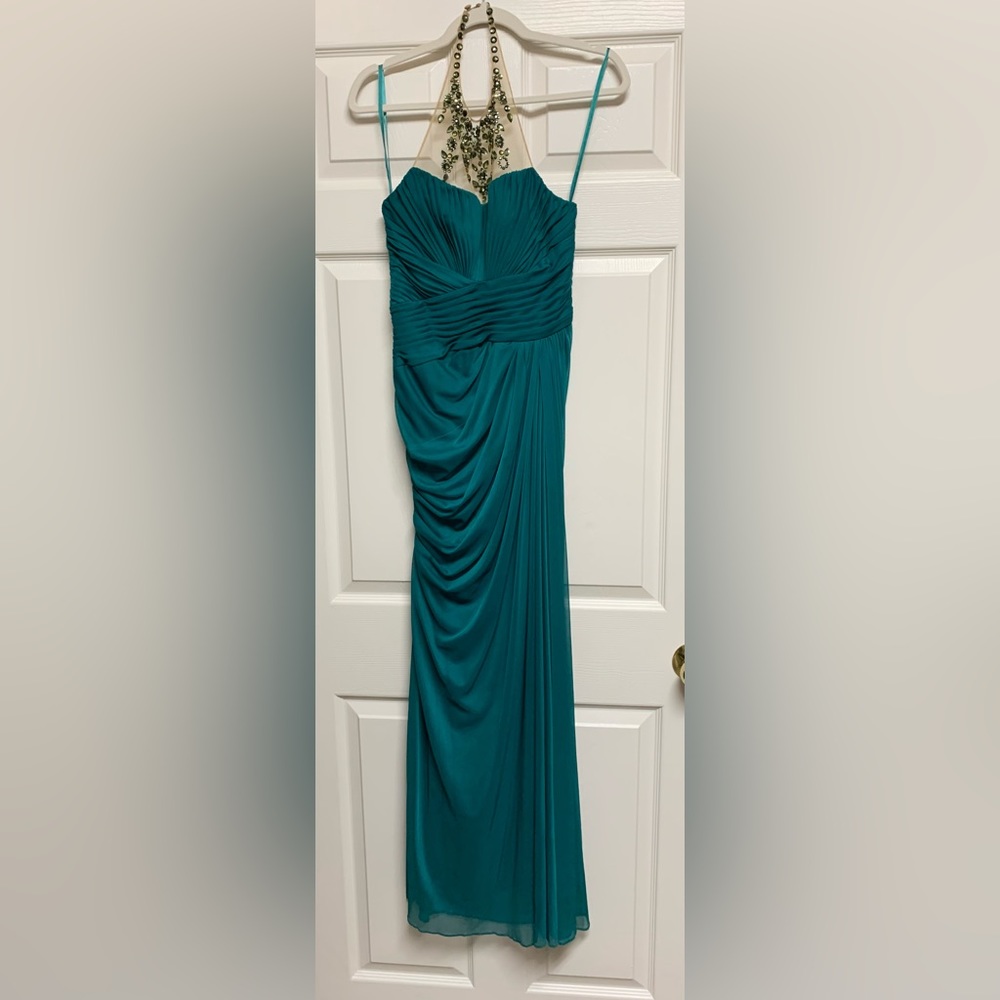 Formal, long emerald green gown, with jewel beaded neckline, size 4